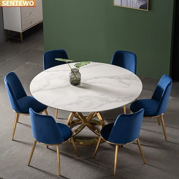 Луксозен дизайнерски маса за хранене с кръгла маса от мраморна плоча 4 стола мебели tavolo pranzo мраморна основа от неръждаема стомана и злато