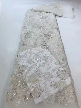 Луксозна африканска лейси плат с мъниста и пайети, луксозно тежка бродерия на младоженеца, френски тюл, дантелено нигерийски сватбена рокля QF0754