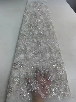 Луксозна тежка лейси плат с кристали ръчно изработени мъниста, бродерии пайети, африканските дантела, Материал за сватбени рокли QF0751