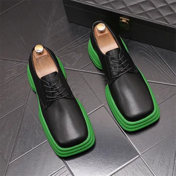 Луксозни дизайнерски мъжки реколта кожени обувки с квадратни пръсти на засилено подметка, лоферы за вечерни рокли в британския стил, черна мъжки обувки дантела