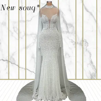 Луксозни сватбени рокли на Русалка от перли за булката, бродирани с мъниста, с високо деколте и дълги ръкави, мюсюлмански булчински рокли Robe De Mariée 2023