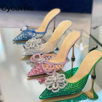 Луксозни чехли с кристални цветя, женски желейные обувки от PVC, на модела обувки-чехли на висок ток, летни дамски сандали с кристали