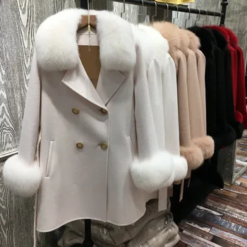 Луксозно дамско палто от естествена кашмир с яка и маншети от лисьего кожа, плюшени тренчи от естествена вълна и овче кожа