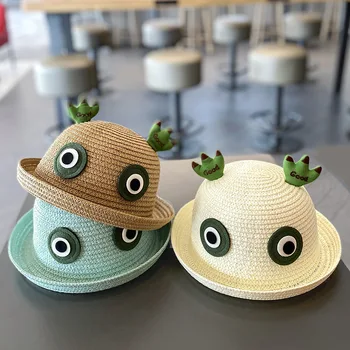 Лятна детска шапка слама, модни мультяшная Голяма Глазастая жаба, солнцезащитная шапка за Момичета и момчета, Ветрозащитная веревочная Панама, солнцезащитная шапка за малки Момичета на открито