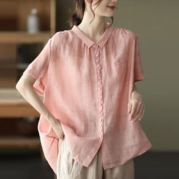 Лятна реколта памук, ленени ризи, дамски обикновена ръкави, с тънки ревери, широки ризи големи размери, дамски ежедневни блузи копчета