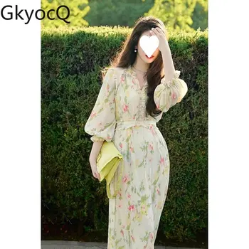 Лятна рокля GkyocQ, реколта шифоновые рокли с флорални принтом и рюшами, Елегантни летни тоалети за жени 2023, сватбени Рокли за партита