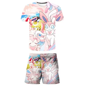 Лятна тениска с единорогом за малки момчета и момичета + шорти, комплект дрехи, сладък карикатура, 2 броя, комплекти, дрехи с единорогом за малки момичета