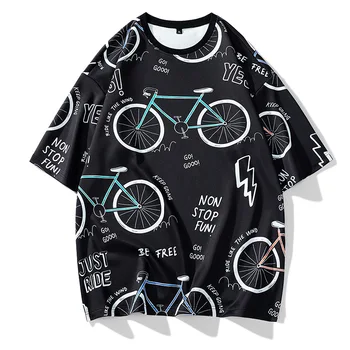 Лятна тениска с кръгло деколте, мъжка черна тениска с велосипеди принтом, модерен топ с къс ръкав, спортна тениска за фитнес