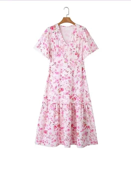 Лятно дамско розова рокля миди с V-образно деколте и къс ръкав с флорални принтом