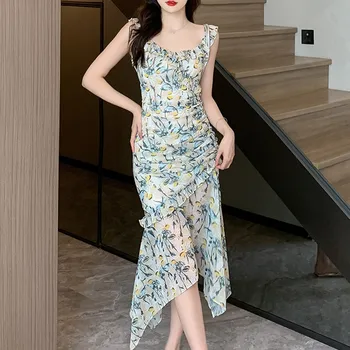 Лятото елегантна плажна шифоновое рокля в корейски стил с отворен гръб, дамско модно асиметрична дълга рокля без ръкави, вечерни рокли за партита