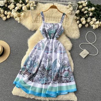 Лятото женствена рокля 2023, модерно подиумное винтажное рокля на подтяжках с домашен любимец принтом, елегантни празнични плажни дамски рокли