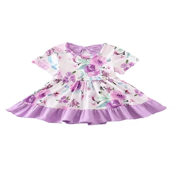 Лятото лилава рокля с цветен печат за малки момичета, бутикови дрехи, млечен коприна, къдри до коляното, къс ръкав, сладка рокля