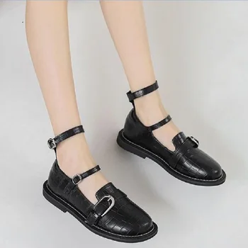 Малки кожени обувки с катарама на колана, женски японски обувки Mary Jane, лоферы на равна подметка в ретро стил с крокодиловым принтом, фини обувки с отворени пръсти