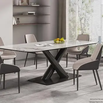 Маса за хранене в италиански стил в стил рок, рамка от черна въглеродна стомана, Комбинация столове за шест места, Бял минималистичен правоъгълна маса за хранене, Мебели