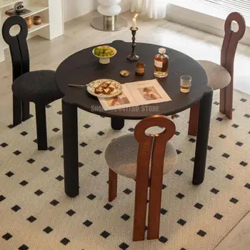 Маса за хранене от масивно дърво в тих и спокоен стил, ретро кръгла маса, Комбинация от масата за хранене и стол за малък апартамент