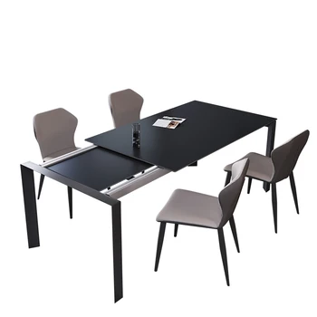 Минималистичен разтегателен каменна маса, размер на апартамента правоъгълен, луксозен домашен дизайнерска маса за хранене и стол в комбинация