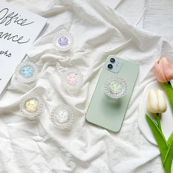 Многофункционална дръжка за мобилен телефон с перлата на цвете и разширение (зелено цвете)