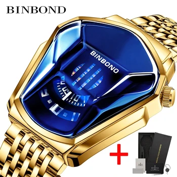 Модерен мъжки часовник Binbond, Стил големи часа, концепцията за мотоциклет, бизнес стил, Водоустойчиви часовници, черни технологични часовници