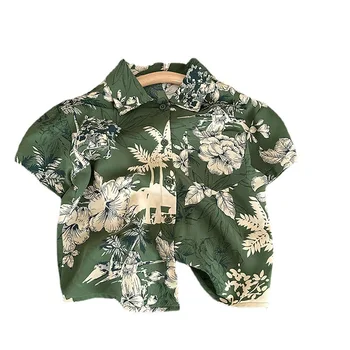Модерен ризи за момчета с флорални принтом, детски дрехи, лятна случайни корейски детски топ с къс ръкав, блузи за момичета