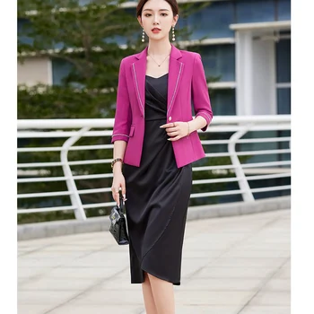 Модерен сако, дамски бизнес костюми, комплекти от рокля и яке, женска работна офис форма с къс ръкав, стилове