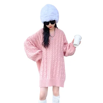 Модерен случайни пуловер за момичета, пролет-есен, нов жаккардовый пуловер с V-образно деколте, дизайнерски дрехи за тийнейджъри, улично рокля, топ, дрешки от 4 до 14 години