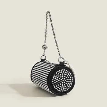 Модерна чанта-цилиндър с перлената на веригата, лятна чанта през рамо с диаманти женствена чанта-възглавница, дамски верижка с кристали, чанта за телефон