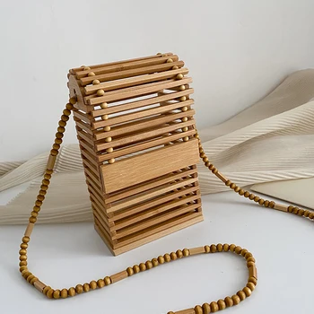 Модерни дизайнерски плетени от бамбук дамски чанти през рамо, куха чанта през рамо от ратан с каишка, расшитым мъниста, летни малки плажни портмонета за телефони