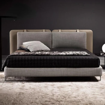 Модерни мебели за спалня, кожена легло в скандинавски стил с матрак, размер King / Queen Size с място за съхранение, минималистичная обзавеждане двойно легло