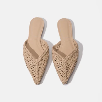 Модерни чехли, летни 2023, Нов стил, изтъкани генитални сандали на равна подметка, френски полусапожки, дамски модни обувки Mueller, пързалки
