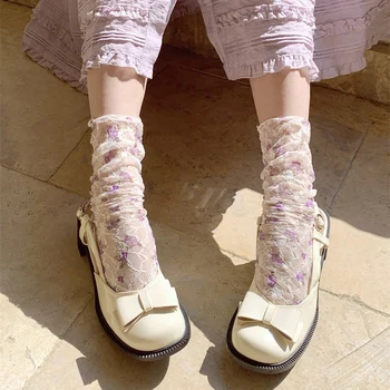 Модни Дантелени Чорапи с Цветен Модел, Дамски Дълги Чорапи в стил Лолита, Дамски Летни Тънки Дантелени Чорапи, Женствена Рокля Calcetines медии