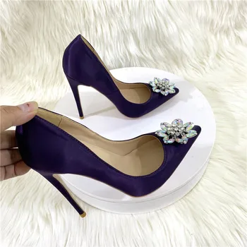 Модни дамски обувки-лодки, копринени обувки на сверхвысоком тънък ток 12 см, с остри пръсти, с кристали, с цветен модел, офис дамски обувки лилав цвят