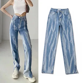 Модни дънкови панталони с висока талия и цепка отстрани 2023 г., свободни и тесни дънки с прави штанинами