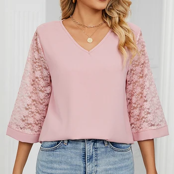 Модни лейси шифоновая тениска с V-образно деколте дамски летни блузи, свободна Елегантна дамска блуза, всекидневни пуловер с къс ръкав, блузи Blusas