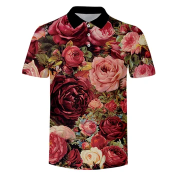 Мъжка лятна мода риза с къси ръкави с цветен печат рози, поло риза с 3D принтом, унисекс, Harajuku, градинска ежедневна спортна риза с къси ръкави, топ