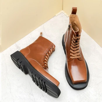 Мъжки ботильоны в британски стил от естествена кожа с квадратни пръсти, висококачествени мъжки обувки дантела, модни мъжки обувки за партита