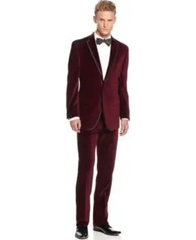 Мъжки костюми с изрезки на лацканах и две копчета, Бордо Сватбени и Вечерни смокинги Terno Slim Fit Masculino, Най-добър мъжки костюм на младоженеца (Яке + Панталон + папийонка)