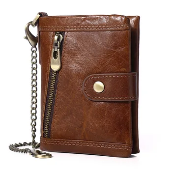 Мъжки портфейл на веригата на портфейл от естествена кожа на чантата с цип за монети RFID визитница чанта за пари мъжки портфейл