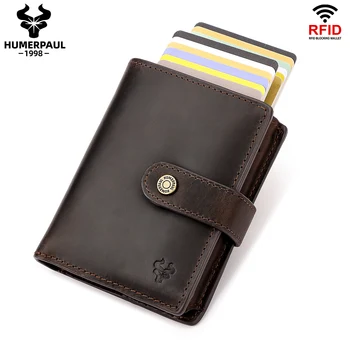 Мъжки портфейл от естествена кожа с двоен алуминиев калъф за кредитни карти, RFID-слайд, поп чантата за банкови карти с портмонето
