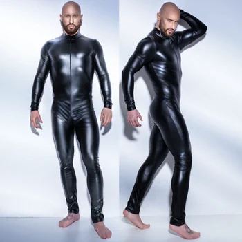 Мъжки сексуални блестящи черни латексови костюми с цип отпред, отворена промежностью, Еротично бельо, Гащеризон от изкуствена кожа, гей-фетиш-боди, клубна облекло