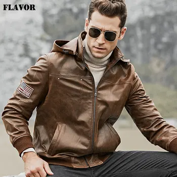 Мъжко яке от естествена кожа FLAVOR, мъжко мотоциклетное палто от свинска кожа с подвижна качулка