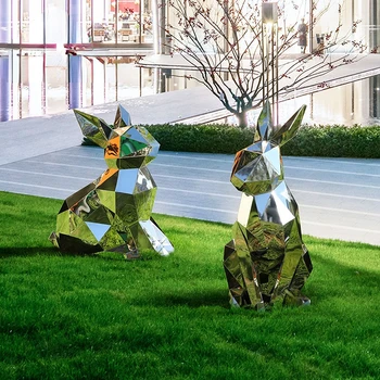 Неръждаема стомана геометричен заек градина пейзаж скулптура украса открит двор тревата абстрактни метални орнаменти за подови настилки