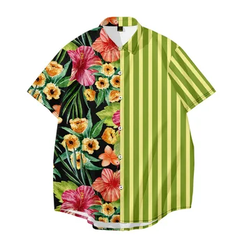 Нова мода лято ежедневната мъжка риза с флорална принтом в ивицата Camisa