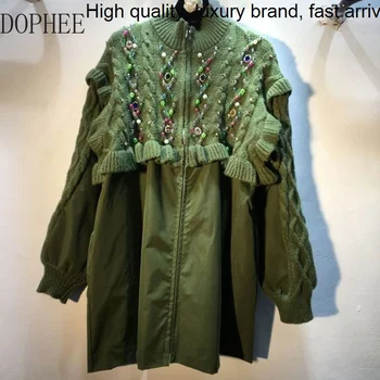 Новата есенна мода 2023, дамски якета с бриллиантовым мъниста, възли тренчи с висока яка и дълги ръкави в стил мозайка с цип със средна дължина