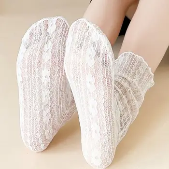 Нови Летни отворени красиви дантелени Чорапи цветенце, елегантни дамски мрежести тънки прозрачни Чорапи с къдри