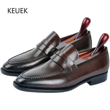 Нови лоферы луксозен дизайн, мъжки модела обувки от естествена кожа, модерен дишащи oxfords за делова работа, мъжки сватбени обувки на равна подметка 5C