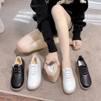 Новост през есента и зимата 2023, Нова бяла работна обувки, ежедневни работна обувки за крайградски пътувания подметка, топли памучни обувки с плюшем, малки бели обувки