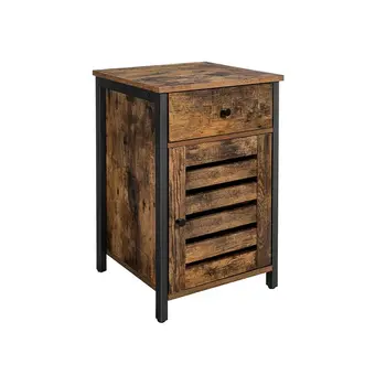 Нощно шкафче, приставной холна маса с чекмедже, задвижваната с шторкой, Крайни масичка с регулируеми рафта, Метална рамка, индустриален стил