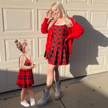 Облекло YAGIMI за мама и мен 2022, червено клетчатое рокля, лятна един и същ дрехи за майка и дъщеря, секси рокли без ръкави, бебешка рокля-комбинация