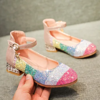 Обувки за бебета, дъгова танцови обувки принцеси за момичета на ниски токчета, модерни цветни пайети, кожени обувки за изпълнения и партита за по-големите деца