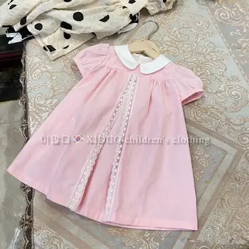 Однотонное рокля за момичета 2022, лятно корейска детска рокля, детски куклен яка, дамски панталон, розова рокля на принцеса трапецовидна форма